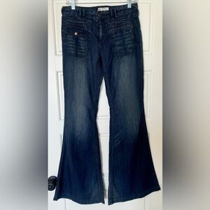 Free People‎ Womens W 26 Flare Leg Jeans Flap Pockets Dark Blue Boho Hippie